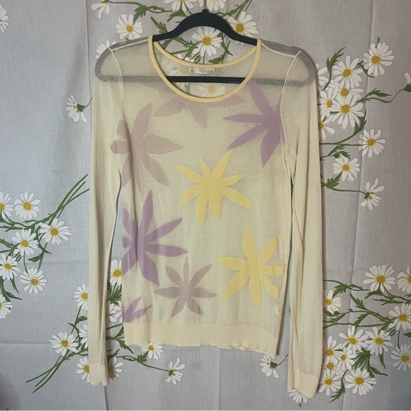 Anthropologie hinge pastel yellow abstract floral sheer knit long sleeve T-shirt - Picture 3 of 8
